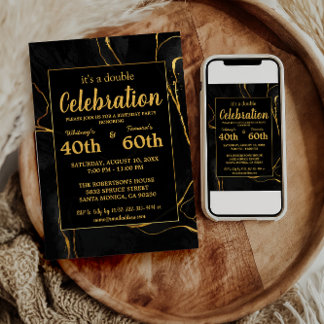 エレガントなブラック＆ゴールドマーブル誕生日パーティー 招待状