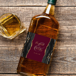 エレガントなブラック ゴールド アゲート バーガンディ ウェディング リキュールボトルラベル