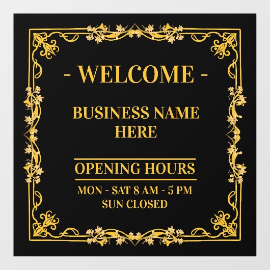 エレガントなブラック&ゴールド スワール フレーム 営業時間 ウィンドウサイン (シート)