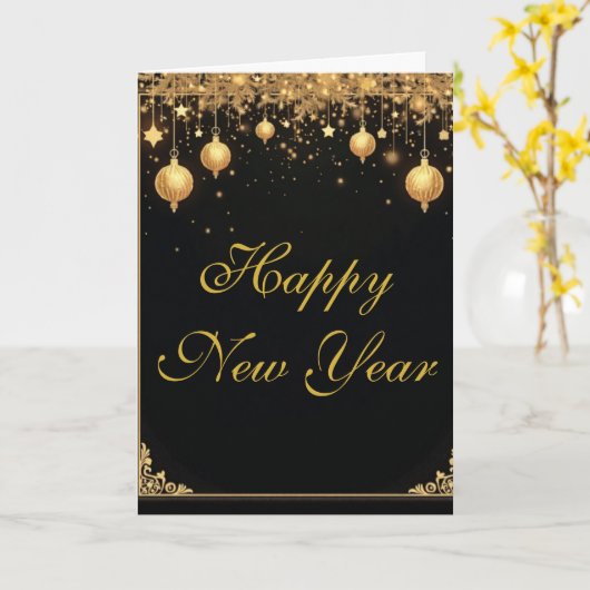 エレガントなブラック＆ゴールド　ハッピー・ニュー・イヤー カード (黄色い花)