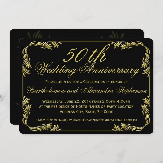 エレガントなブラック/ゴールド 50周年結婚記念日パーティー 招待状 (正面/裏面)