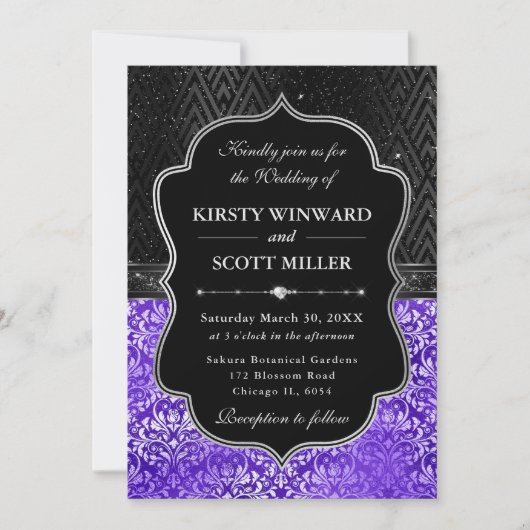 エレガントなブラック シルバー パープル フローラル グリッター ウェディング 招待状 (正面)