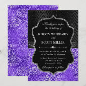エレガントなブラック シルバー パープル フローラル グリッター ウェディング 招待状 (正面/裏面)