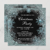 エレガントなブラック ティールブルー スノーフレーク クリスマスパーティー 招待状 (正面/裏面)
