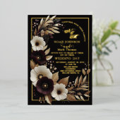 エレガントなブラック バルガンディーとゴールドの花柄ボヘミアンスタイル 箔招待状 (立ち正面)