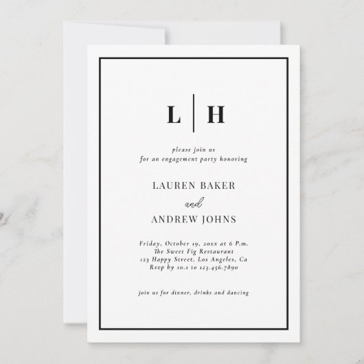 エレガントなブラック＆ホワイトのエンゲージメントパーティー 招待状 (正面)