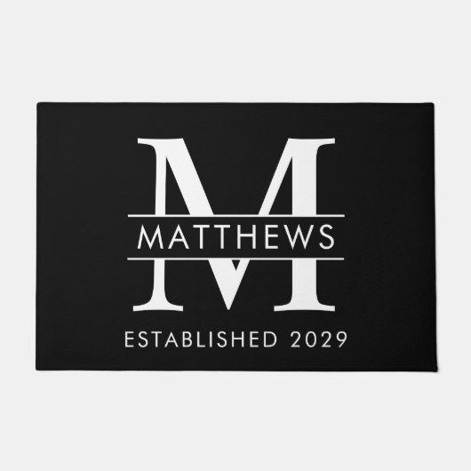 エレガントなブラック&ホワイトのカスタムモノグラム名の玄関マット ドアマット (正面)