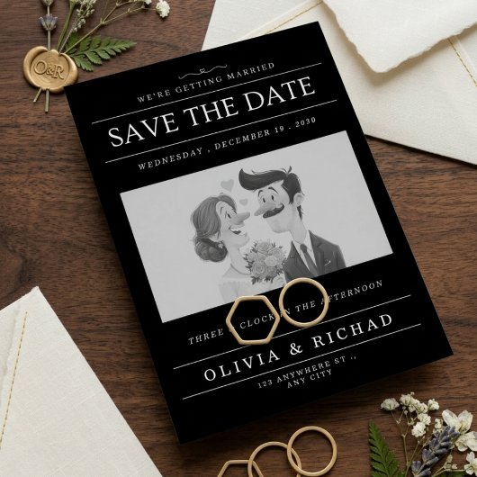 エレガントなブラック＆ホワイトのカートゥーンコupleの結婚式のSave the Dateカード 招待状