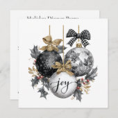 エレガントなブラック＆ホワイトのクリスマスオーナメントステッカー 招待状 (正面/裏面)