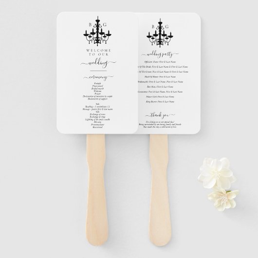 エレガントなブラック&ホワイトのシャンデリアモノグラムウェディング ハンドファン (正面&裏面)