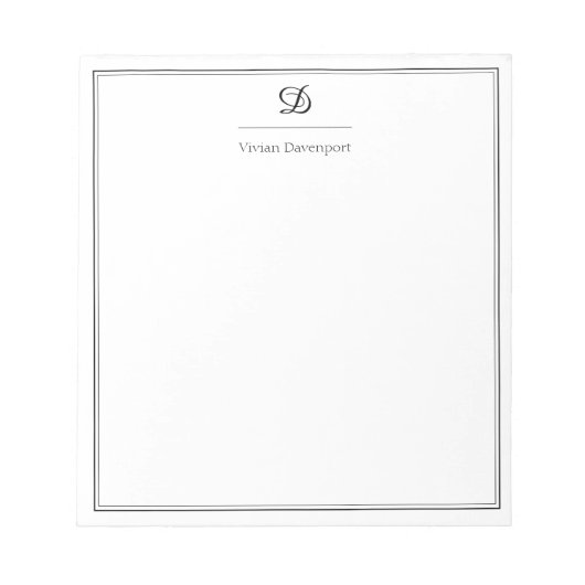 エレガントなブラック＆ホワイトのスクリプトモノグラム ノートパッド (正面)