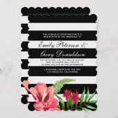 エレガントなブラック&ホワイトのストライプとハイビスカスのウェディング 招待状 (正面/裏面)