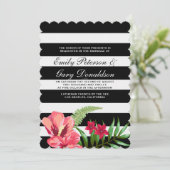 エレガントなブラック&ホワイトのストライプとハイビスカスのウェディング 招待状 (スタンド正面)