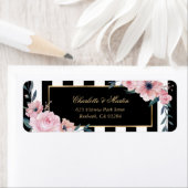 エレガントなブラック＆ホワイトのストライプにピンクの花のラベル ラベル (インサイチュ)