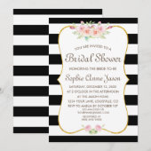エレガントなブラック＆ホワイトのストライプ フラワー ブライダルシャワー 招待状 (正面/裏面)