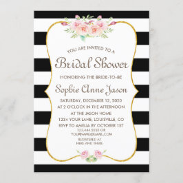 エレガントなブラック＆ホワイトのストライプ フラワー ブライダルシャワー 招待状