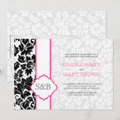 エレガントなブラック&ホワイトのダマスク柄 ウェディング 招待状 (正面/裏面)