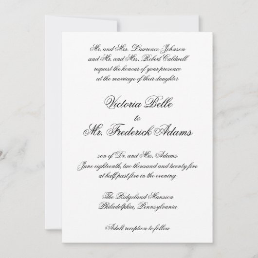 エレガントなブラック＆ホワイトのフォーマルカリグラフィー結婚式 招待状 (正面)