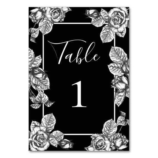 エレガントなブラック＆ホワイトのフラワーウェディング テーブルナンバー (正面)