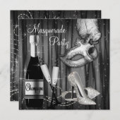 エレガントなブラック＆ホワイトのマスカレードパーティー 招待状 (正面/裏面)