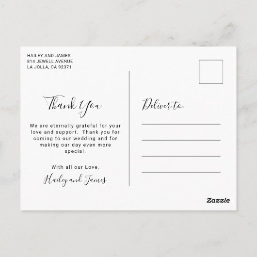エレガントなブラック＆ホワイトのモダンウェディングお礼メッセージ ポストカード (裏面)