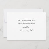 エレガントなブラック＆ホワイトのモダンスクリプトウェディング サンキューカード (裏面)