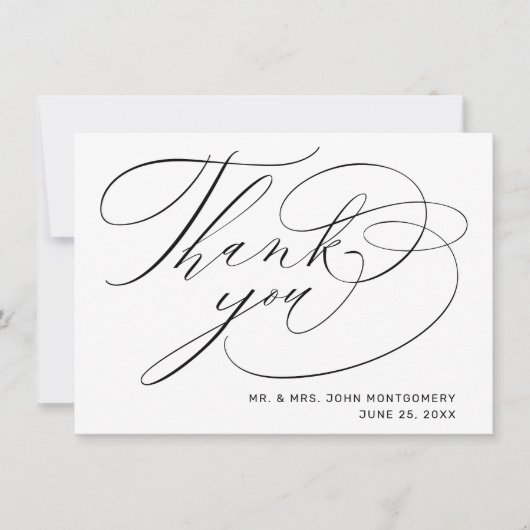 エレガントなブラック＆ホワイトのモダンスクリプトウェディング サンキューカード (正面)