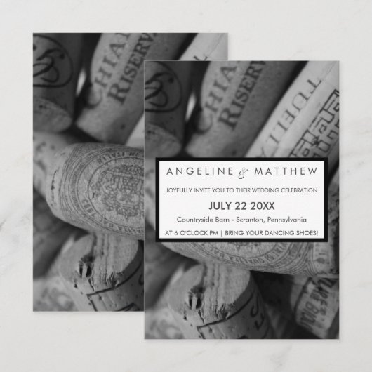 エレガントなブラック＆ホワイトのワイン栓 結婚式のカード 招待状 (正面/裏面)