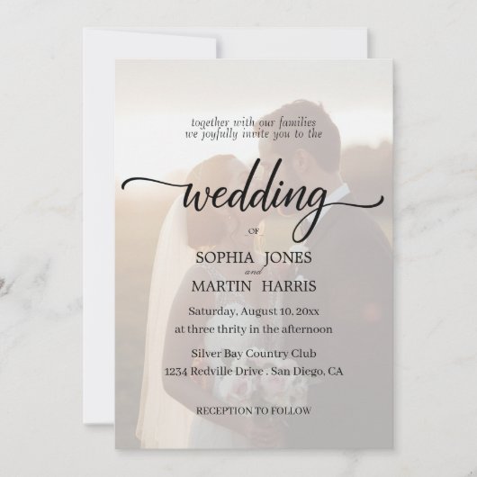 エレガントなブラック＆ホワイトの写真オーバーレイ ウェディング 招待状 (正面)