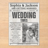 エレガントなブラック＆ホワイトの写真 ウェディングニュースペーパー アクリル招待状 (正面)