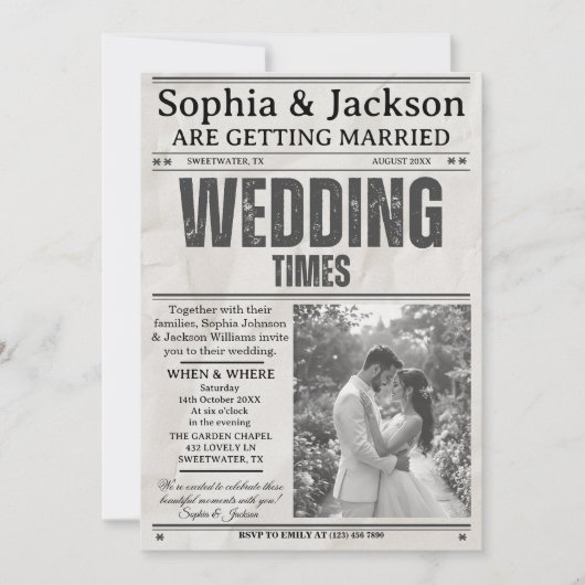 エレガントなブラック＆ホワイトの写真 ウェディングニュースペーパー 招待状 (正面)