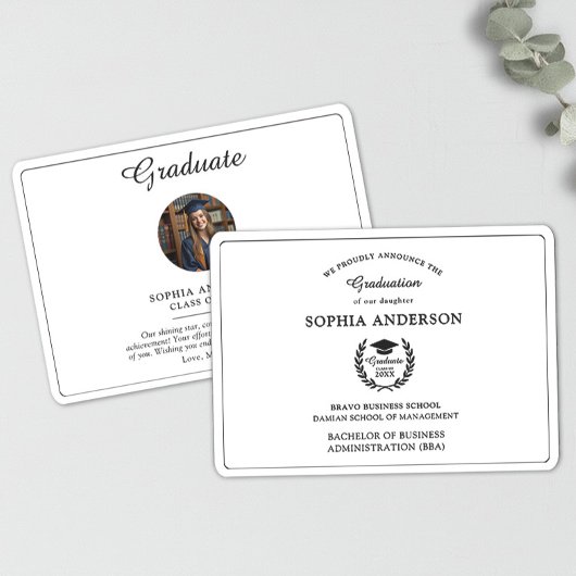 エレガントなブラック＆ホワイトの卒業写真のお知らせ 招待状