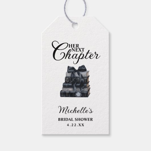 エレガントなブラック＆ホワイトの本をテーマにしたブライズシャワー ギフトタグ (正面)