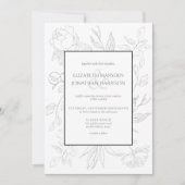 エレガントなブラック＆ホワイトの線画の花 招待状 (正面)