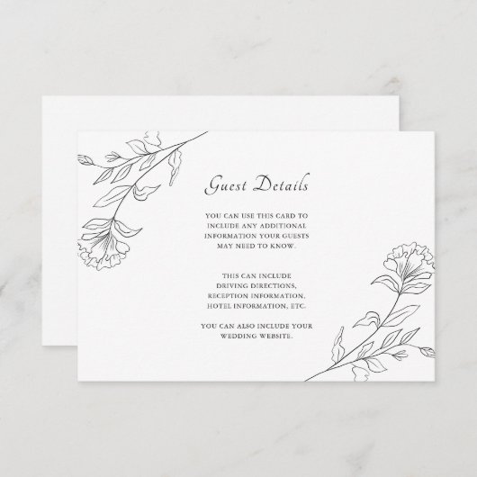 エレガントなブラック＆ホワイトの花のゲスト詳細 エンクロージャーカード (正面/裏面)
