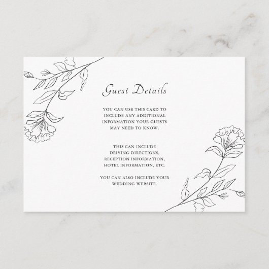 エレガントなブラック＆ホワイトの花のゲスト詳細 エンクロージャーカード (正面)