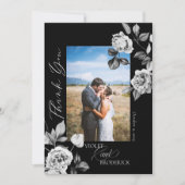 エレガントなブラック＆ホワイトの花柄の結婚式の写真 サンキューカード (正面)