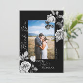 エレガントなブラック＆ホワイトの花柄の結婚式の写真 サンキューカード (スタンド正面)