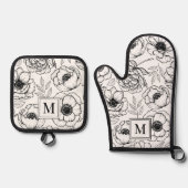 エレガントなブラック＆ホワイトの花柄モノグラム 鍋つかみ&鍋敷きセット (正面)