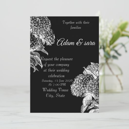 エレガントなブラック＆ホワイトの花柄 ウェディング招待状 招待状 (スタンド正面)