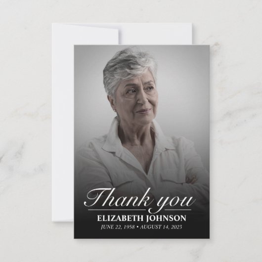 エレガントなブラック&ホワイトの葬儀写真 サンキューカード (正面)