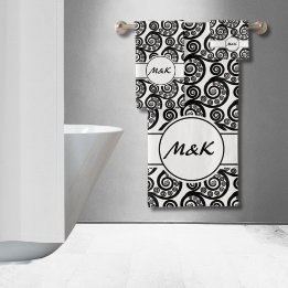 エレガントなブラック＆ホワイトイニシャル ボタニカルシダの葉 バスタオルセット