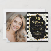 エレガントなブラック・ホワイト・ゴールドの写真 50歳の誕生日 招待状 (正面)