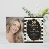 エレガントなブラック・ホワイト・ゴールドの写真 50歳の誕生日 招待状 (スタンド正面)