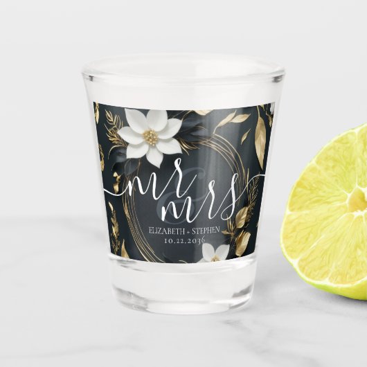 エレガントなブラック・ホワイト・ゴールドの花輪 ウェディング ショットグラス (正面)