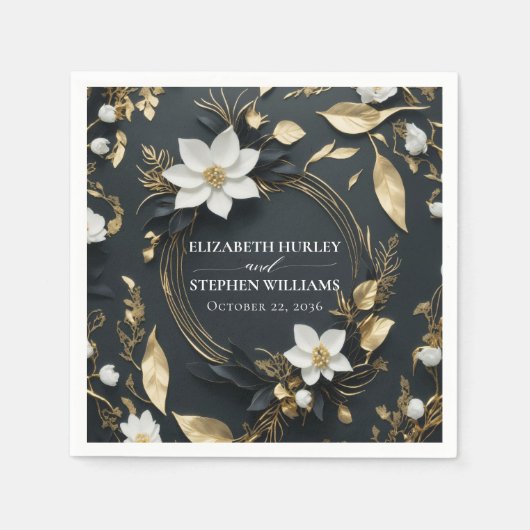 エレガントなブラック・ホワイト・ゴールドの花輪 ウェディング スタンダードカクテルナプキン (正面)