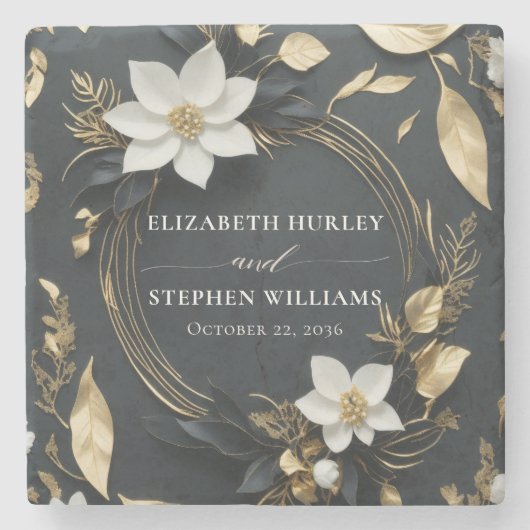 エレガントなブラック・ホワイト・ゴールドの花輪 ウェディング ストーンコースター (正面)