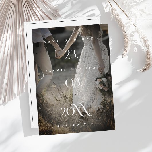 エレガントなブラック＆ホワイト ミニマル フォト ウェディング セーブザデート