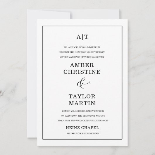 エレガントなブラック＆ホワイト ミニマル モダン シック 招待状 (正面)