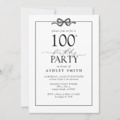 エレガントなブラック＆ホワイト 100歳の誕生日パーティーのリボン 招待状 (正面)